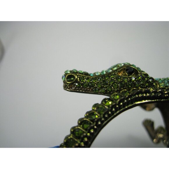 Gold Tone Crocodile Green Crystal Hinged Bangle Bracelet Sparkly Jewelry - Picture 12 of 12